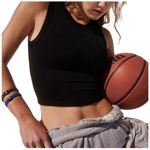 Free People Free Throw Black Rib Knit Crop Muscle Tank Top Workout M/L